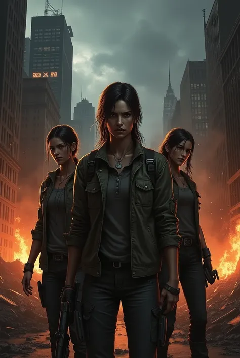 Uma artes de The last of us : Fire and ashes in the background an Apocalyptic City by night with several characters but three main characters on the cover 