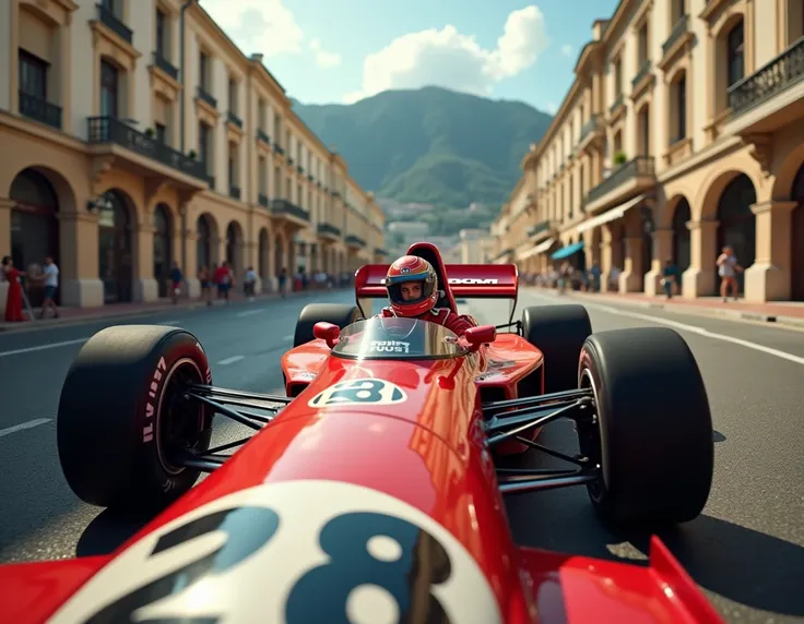 Create realistic 8k image of Ayton Senna with his McLaren, driving in Monaco