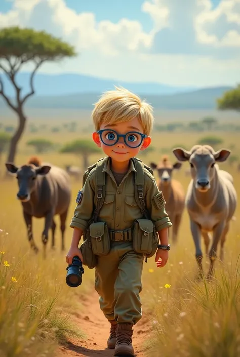 Petit garçon de  7 ans blond yeux bleus lunettes de vue bleus  trilli militaire sac a dos paire de jumelles en main,marché derrière les animaux de la savanes aymane  se lança dans une exploration de la savane, un vaste monde rempli de vie et de mystères