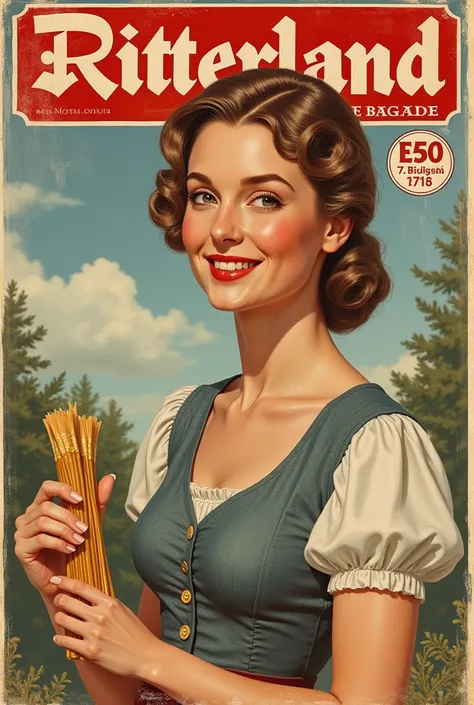 ( top quality,  masterpiece fails),  1950s German full housewife , on the cover of a 1950s German food magazine, there is an inscription at the top of Nlasit magazine: Ritterland Hausfrau 