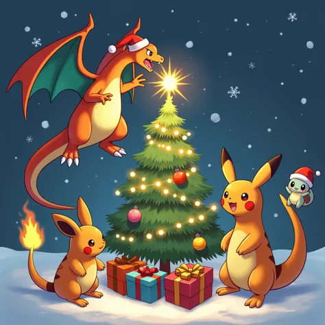 Create a festive Christmas-themed scene with three to four Pokémon in various poses—one sitting, one standing, and one flying. Include Pikachu sitting next to a beautifully decorated Christmas tree with lights and ornaments, Charizard soaring above, wearin...