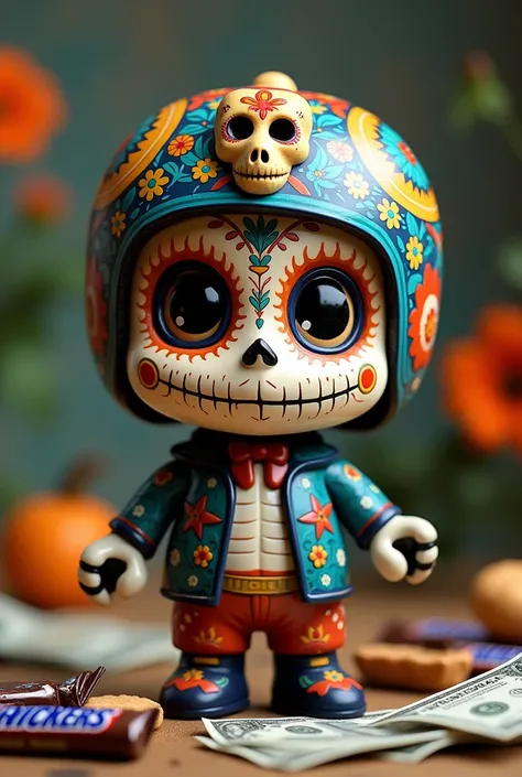  Art toy of a cute sugar skull from Day of the Dead ,  using a cycling helmet in the shape of a dinosaur skull,  decorated inspired by the ceramics of Talavera de Puebla, Synthetic and rounded shapes  , money, Funky punky  , molote, , puk, Chamuko  , Joe l...