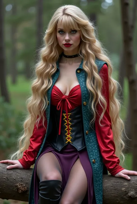 rapunzel,  cosplay , 30 years old, a three-dimensional photo ,  on a fallen tree ,  sits leaning against a tree, curly ,  blonde , bangs, very long hair hangs forward ,  big blue eyes ,  ulybka,  aggressive makeup, big, huge elastic bust, pear figure ,  na...