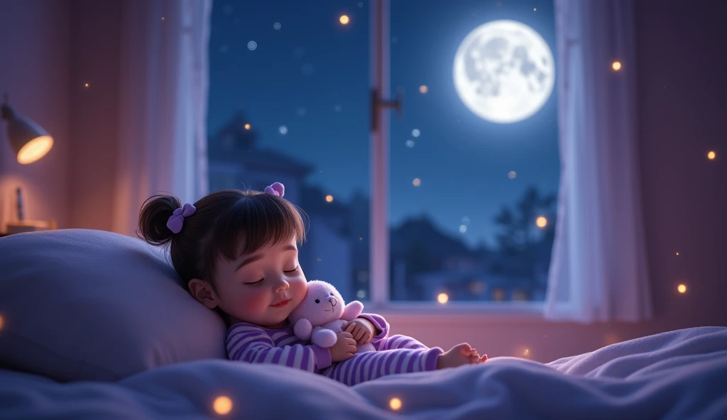 wide shot, night atmosphere stars, a brunette 3-month-old baby girl in purple and white striped pajamas, cuddling her stuffed animal in her room, Create a serene scene of someone sleeping peacefully. It gives the scene a dreamy feel. view from the window, ...