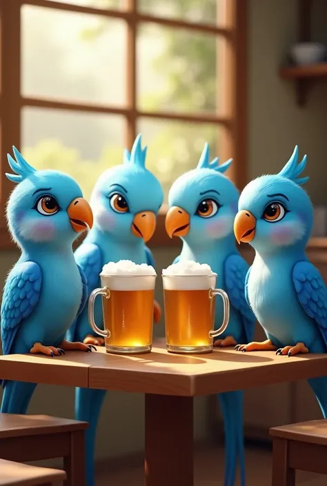 Five blue and white parakeets are sitting around a table where there are beer mugs 