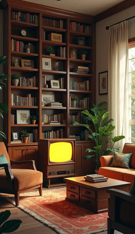  Create a setting for a classic living room from the 90s , with tube TV ,  frames on the walls ,  the focus is on the living room bookcase and especially on the TV. Brazilian house from the 90s