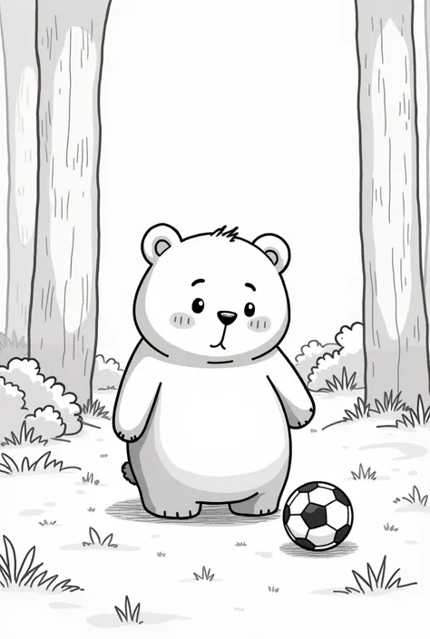 A cuddly bear playing soccer near some trees.  Traditional monochrome cartoon style  