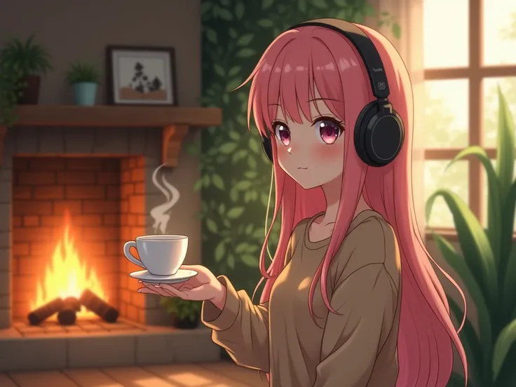  Long pink haired girl wearing headphones,alone,  offering a hot coffee , 2D anime image , lofi , Soft environment, plants, Image 8k,  warm colors , fireplace in the background, kawaii