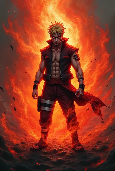  Naruto,  from the naruto anime, standing the angry and beaten , , he is surrounded by a red wind ,  chakra of the nine-tailed  