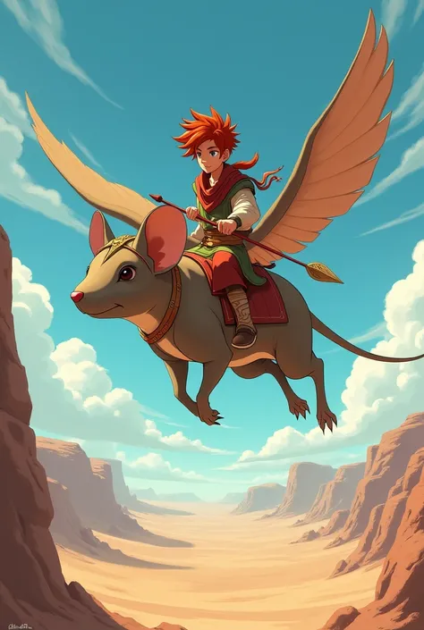 I want a male teenager he has light brown skin and red hair he is wearing an outfit from the Avatar air nation he is riding a huge mouse with huge ears that make him fly he is holding a red stick in his left hand he is floating over a desert the image has ...