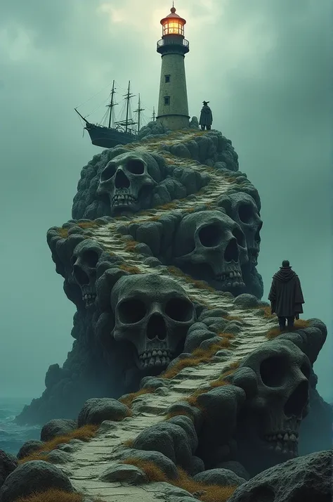 Au sommet, un phare avec un chemin rempli de crânes imitant des rochers superposés pour accéder à ce phare. Dans ces rochers, un vieux bateau échoué, le tout posé sur la tête dun pirate,