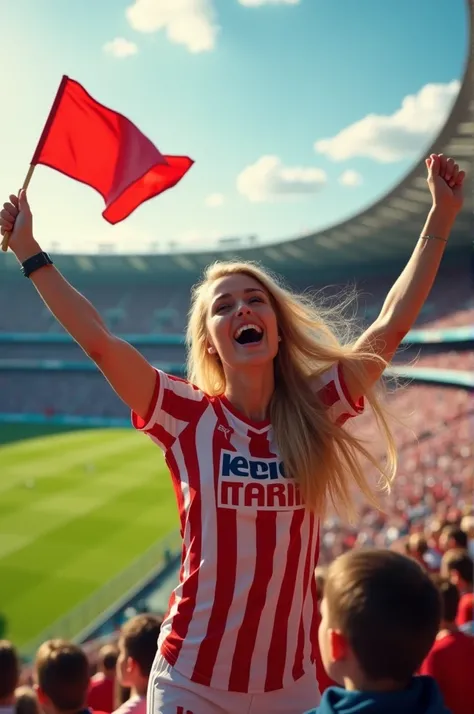 Young blond woman in the stands of the Velodrome stadium during an Olympique de Marseille match 