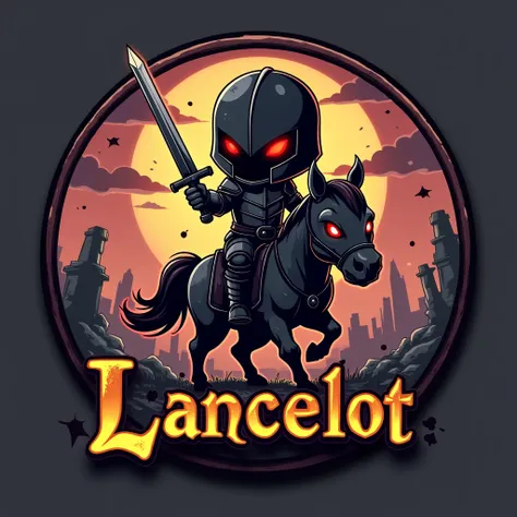 Knight in armour ,black armor ,barre, bloody anime with red eyes ,Chibi,  on horseback all in a round logo, An apocalyptic background , The word Lancelot is marked in gold on the base