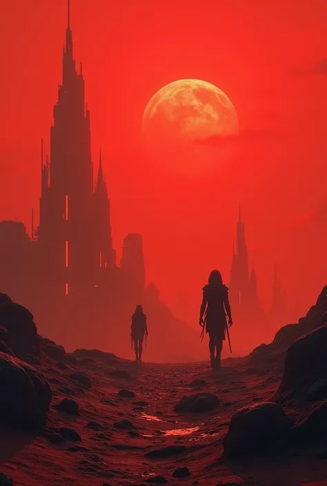 A desolate Martian landscape with futuristic colonies in the background. The sky is a haunting shade of red, and shadowy figures loom in the distance. A sense of foreboding fills the scene as if something unnatural is watching"