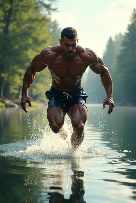 Muscular man jumping into a lake