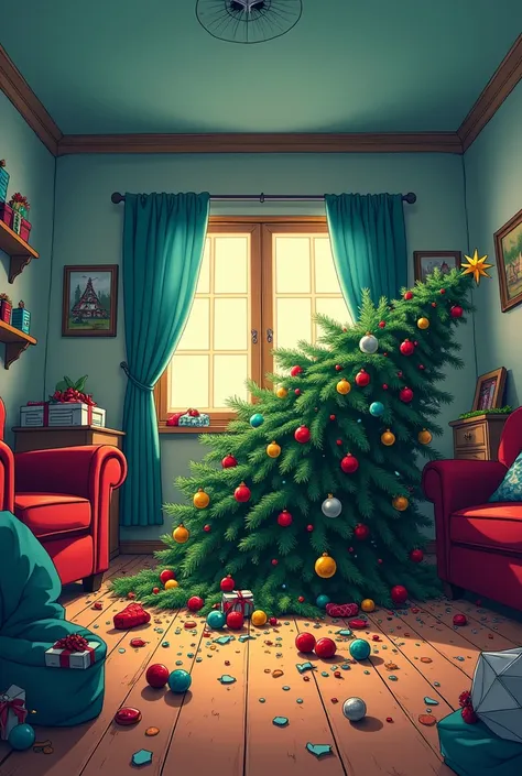 A house that has been robbed and destroyed the Christmas tree cartoon
