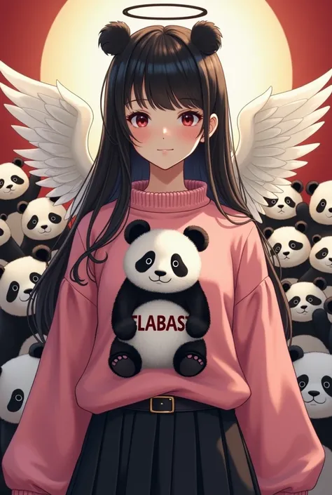 Imagine a girl with the tender face of a princess , with long black hair with angel wings wearing a pink shirt or sweater with a panda in the middle and saying BELABAST the sweater has a waist and a black skirt in planks and more than 30 pandas behind it a...