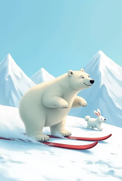 Amime drawing. A polar bear is skiing on two skis. He is chasing a snow hare. White Mointains in the background. action. sophisticated design, advanced lighting technology, live-action photo 8K quality