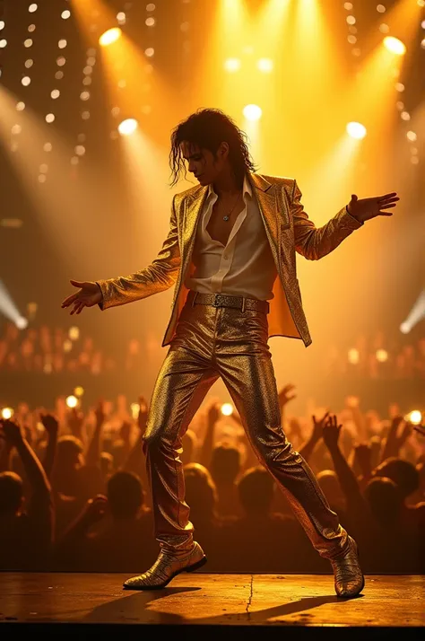 Michael Jackson in gold attire giving concert 