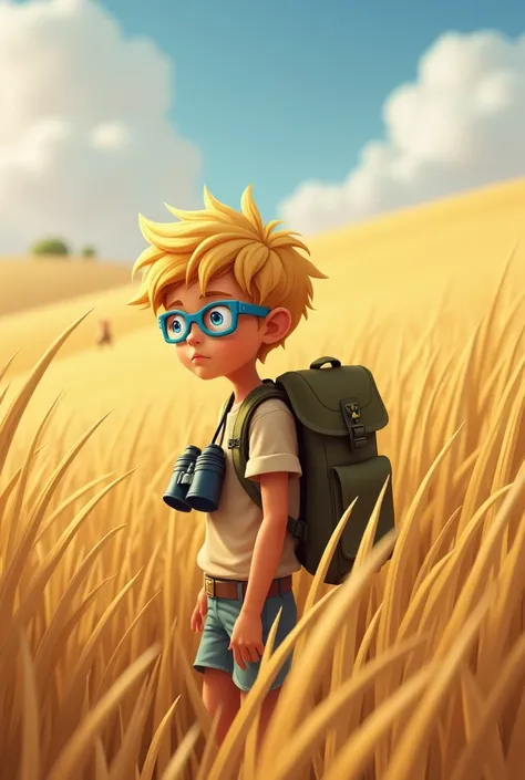   boy, blond, blue eyes, blue eyeglasses, trilli, military backpack, backpack, pair of binoculars, pair of binoculars around the neck in the tall grass of the savannas. 
As soon as he arrived, Aymane was amazed by the golden expanse of tall grass that danc...