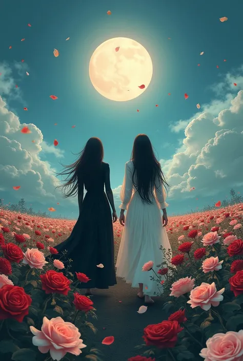   in front of a young woman in black clothes there is a black long-haired middle-aged woman in a white dress in a white dress.  The two are walking in the vast field of long red and long white roses .  there is a huge sun in front of them and the air is de...