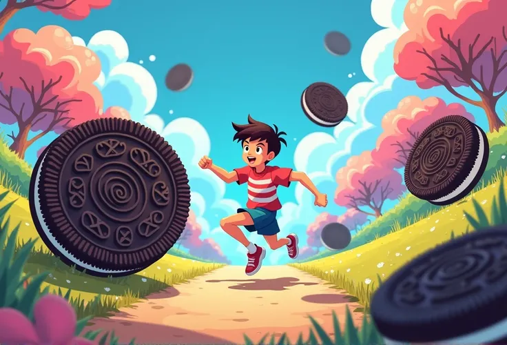 An anime version of a person running for giant oreo cookies 