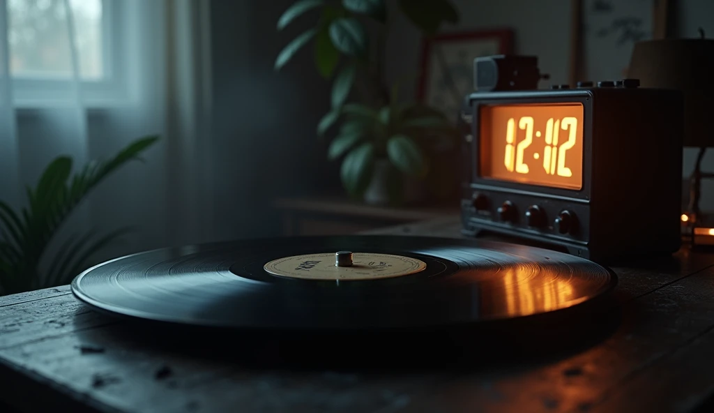 A vinyl record and a radio clock that marks 12 pm on a table in a blurry room.