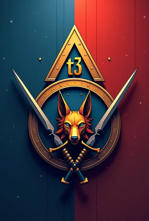  Create an image of a triangular coat of arms on top rectangular,round bottom  
,rectangular top rounded bottom.  On top with the letters T3 1st company .In the center an Egyptian jackal behind her two crossed weapons.in the colors blue,red
