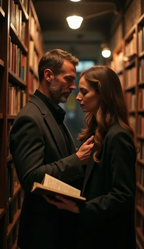 handsome 45-year-old man with a neat and short beard ,  well dressed charming and with a seductive look in an old bookstore between the corridors of this, He is looking at a beautiful young woman who has a book in her hands she is reading it , Romantic low...