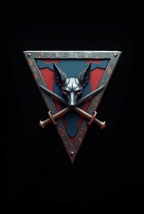 Create an image of a triangular shield on top rectangular ,round bottom  
,rectangular top rounded bottom.  On top with the letters T3 1st company . in the center an Egyptian jackal behind it two crossed weapons.in the colors blue,red.  black background
