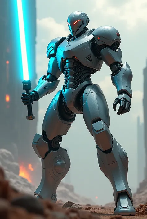 Robot warrior holding light saber