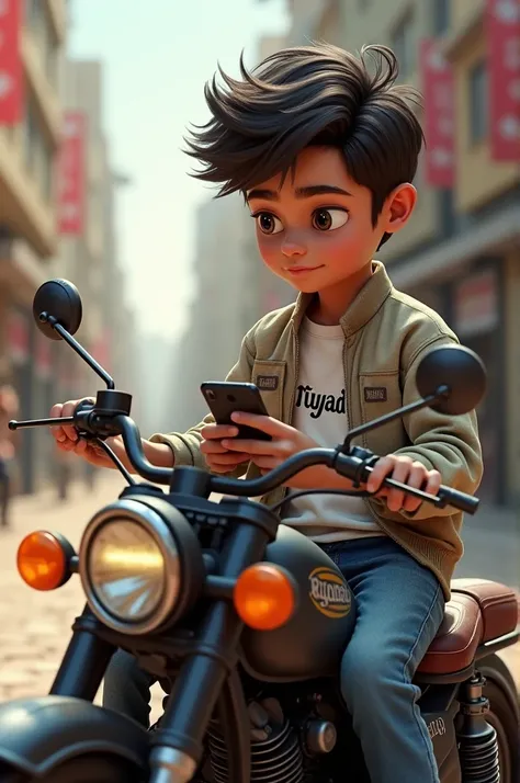 A boy sits on a motorcycle with a phone in his hand and the picture Riyadh written on his clothes wants to be real