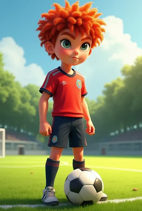 young soccer player with curly red hair, he is wearing soccer player clothes