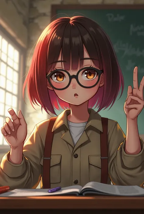  A girl with a very white Japanese face with red and brown hair bob-style cut around the chin, brown eyes with glasses, Rocky clothing raising her hand in classes 