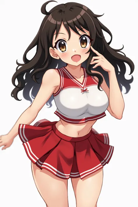 Yaoyorozu , standing , pov from top , big eyes , beautiful face , eyelashes , hot , cheerleader outfit , my hero academia style , big round breasts , sexy , thighs , anime style , cell shading , revealing thighs , side view , lifted skirt , sexy ass , curl...