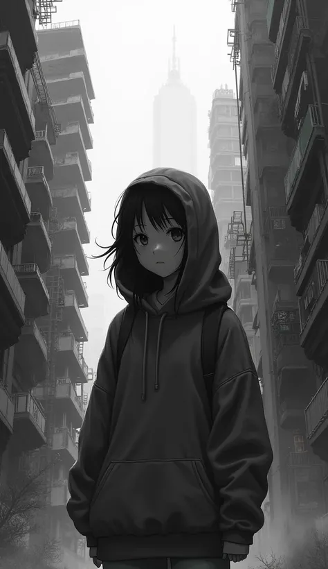 masterpiece,  top quality,  Photorealistic , girl,  Japanese,  Walking through a black and white city 、 wearing a hoodie and a hood、 low angle、