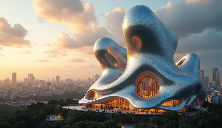 Organic blob-shaped buildings, curvaceous lines, futuristic architecture, iridescent glass facades, shimmering metal panels, dynamic LED lighting systems, parametric design, algorithmically-generated structures, undulating rooftops, cantilevered overhangs,...