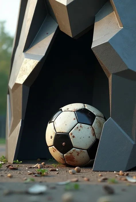 Broken soccer ball uncovered inside a large BTS lettering shield