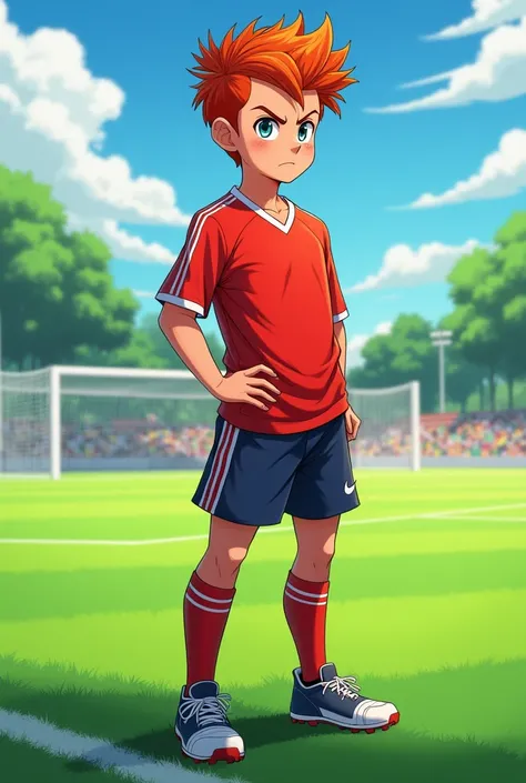 young man soccer player with curly red hair in a pompadour, he is wearing a soccer player outfit, anime style