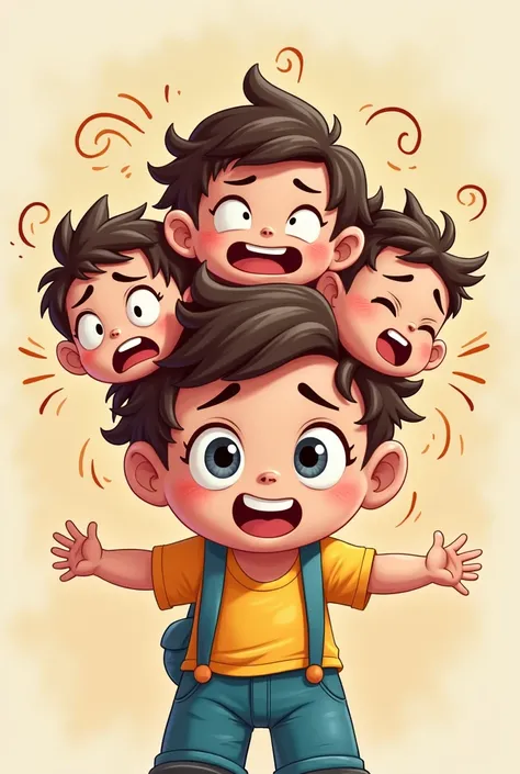 Three Headed Cartoon Character  Cute Headache Boy 