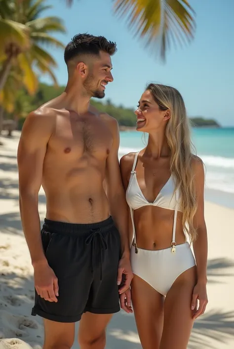 Young Ezra Millher, At 22 years old , surfer style, light White skin, short black hair buzz cut, natural eyebrow, short beard, slightly big thick nose, fleshy mouth, brown eyes freckles Athletic Strong masculine energy and sexy guy wears black Color shorts...