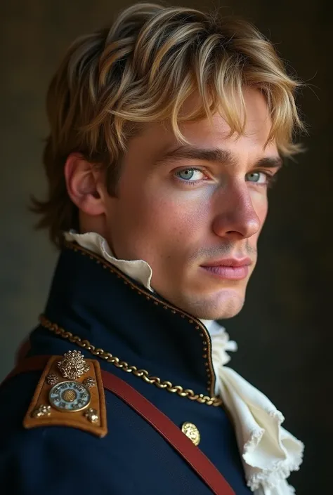 Very handsome tall man ,blonde, intense and passionate blue eyes , almost devoted and loving ,  wearing an 18th century English soldiers uniform. Pride and Prejudice style High resolution ,  masterpiece , Necessary,  Anatomically correct ,  Awarded multipl...