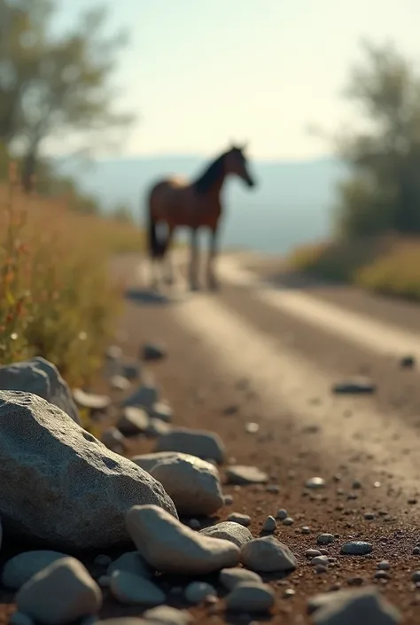  create for me an image of a road with some rocks in the corner,  a horse in the blurry background ,  her foreground is blurry , The second fully visible 