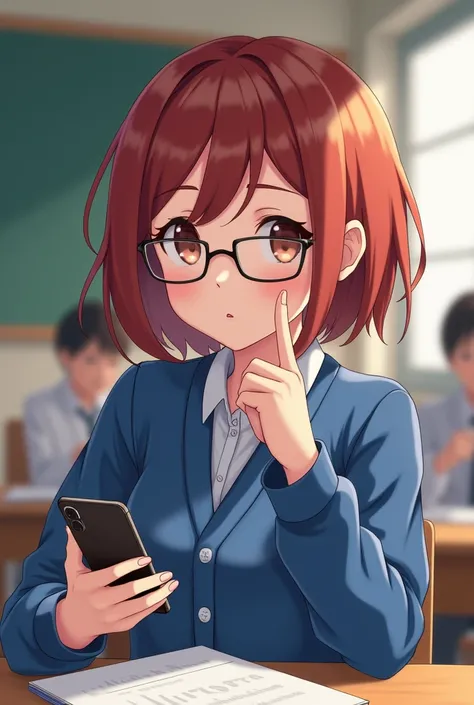  A girl with a Japanese face small, brown eyes wearing glasses, very white skin,  Hair between red and brown bob style cut around the chin,   blue clothes raising her right hand and with the cell phone in the other hand. Sitting in class 
