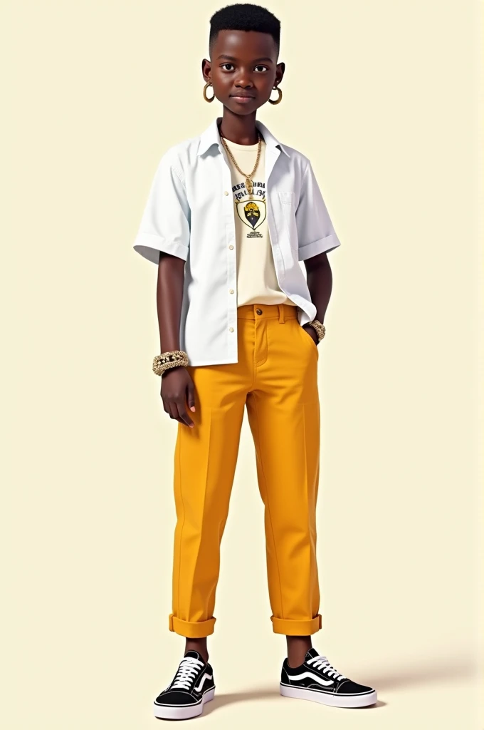 Créer une image dun élève avec un pantalon jaune moutardes et une chemise blanche le logo du groupe scolaire avicenne de cote divoire. Avec des vans et des accessoires stylé. Il a un taper cheveux court 