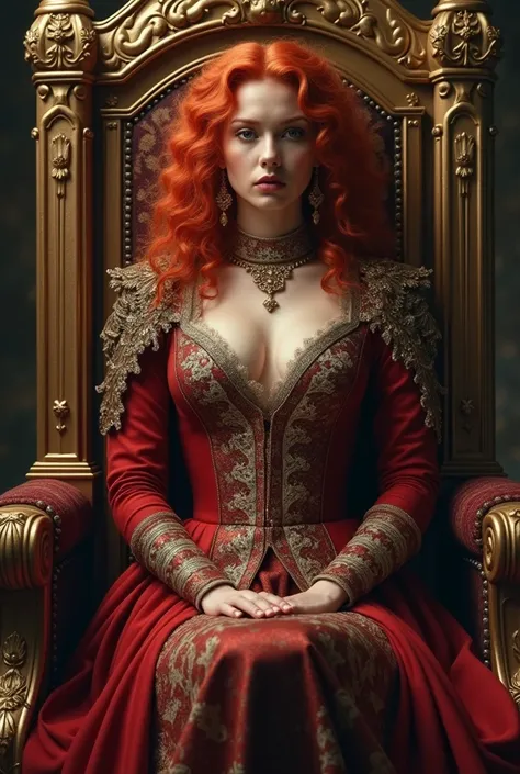 A young woman aged 18 with curly red hair,  keeping a cold face with a royal outfit sitting on her throne 