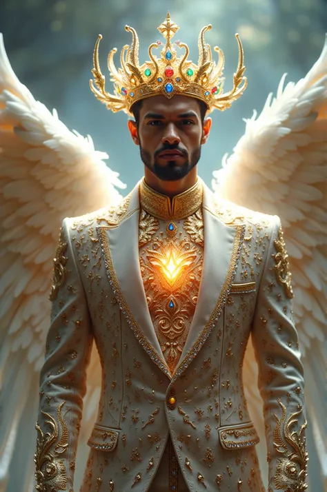 Man in a shining heavenly suit full of gemstones with wings whose material is gemstones and feathers with a crown on his head that is made of multicolored glass