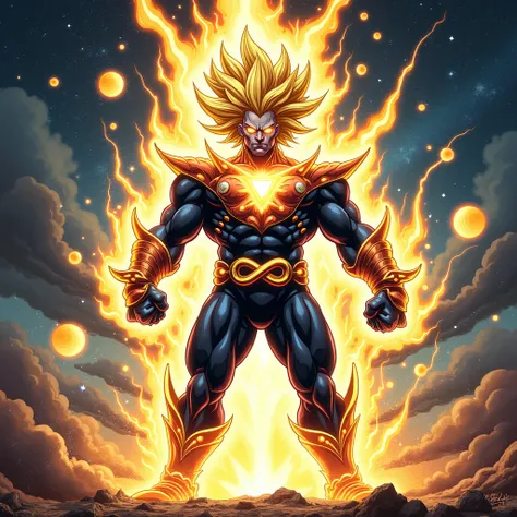  Man in the image has an impressive and cosmic appearance . He is in a powerful pose,  with its arms flexed and its fists clenched , suggesting strength and determination .  The characters face is difficult to clearly discern due to the intense glare and l...