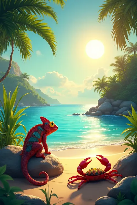  A vibrant tropical landscape with a quiet beach and a crystal clear sea . in the foreground,  a brightly colored chameleon stands on a rock , with its body adapting to the environment ,  changing shades to camouflage itself between leaves and stones . At ...