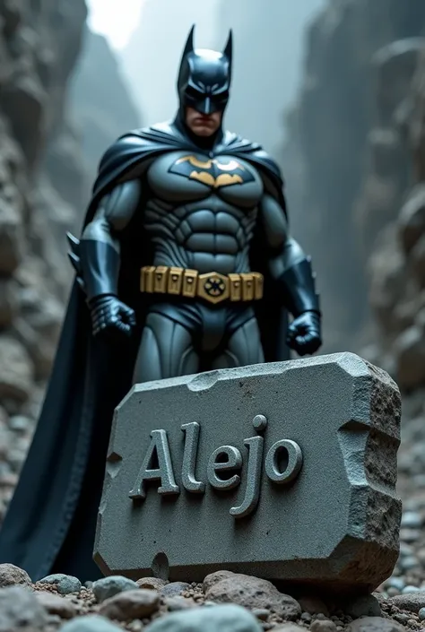 Image of Batman with the name Alejo written with stone and saying happy birthday
